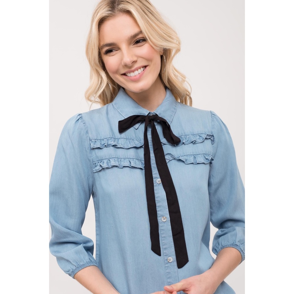Button Up Top 3/4 Sleeve Ribbon Tie With Ruffles - Picture 7 of 7
